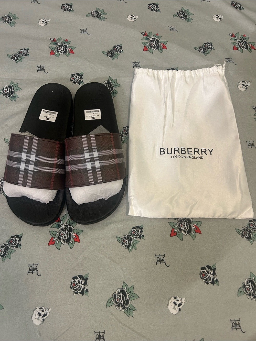 Burberry Men’s Black Footbed Slide Sandals with Brown Check Strap